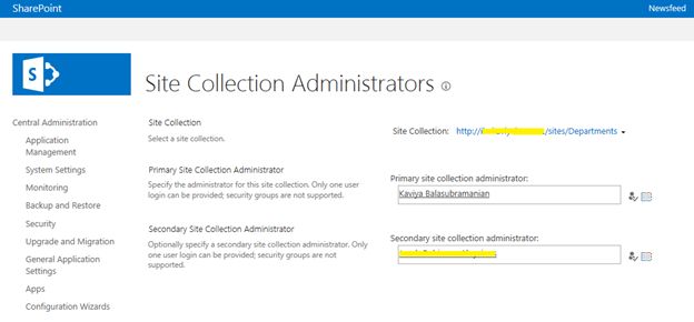 Site Collection Administrators page